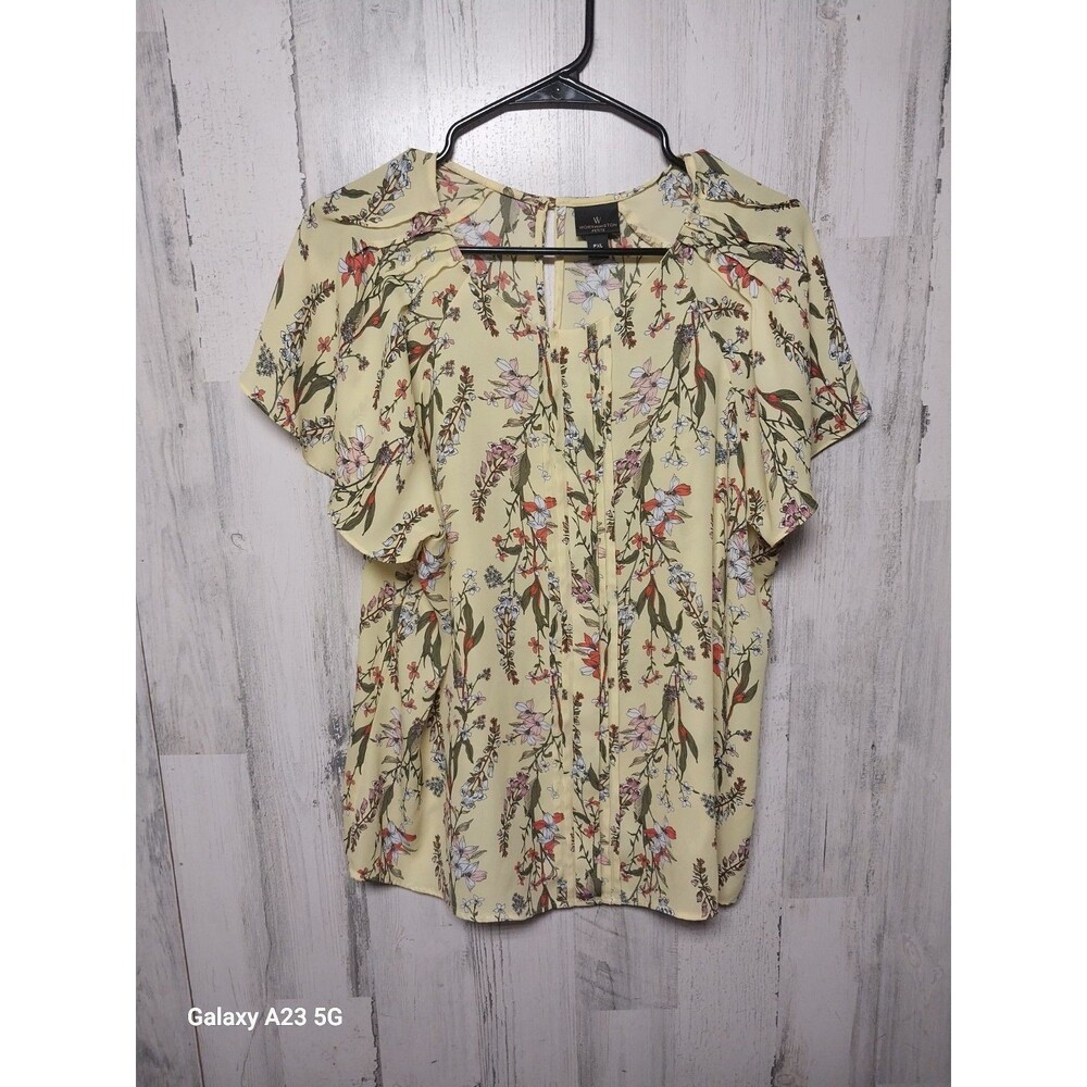 Worthington Yellow Floral Petite XL Top Blouse Flower Lupine Cosmos Daisy